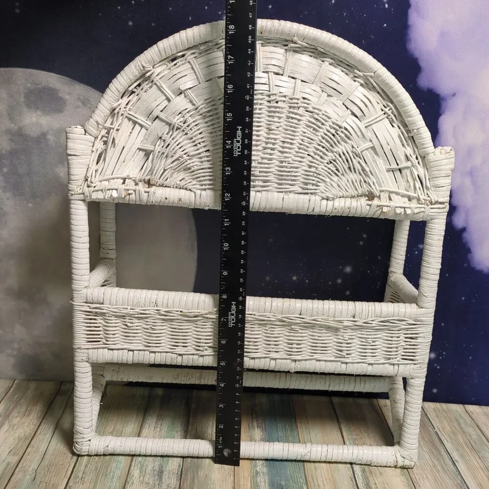 Vintage White Wicker Rattan Hanging Wall Shelf Boho Cottagecore Peacock Style